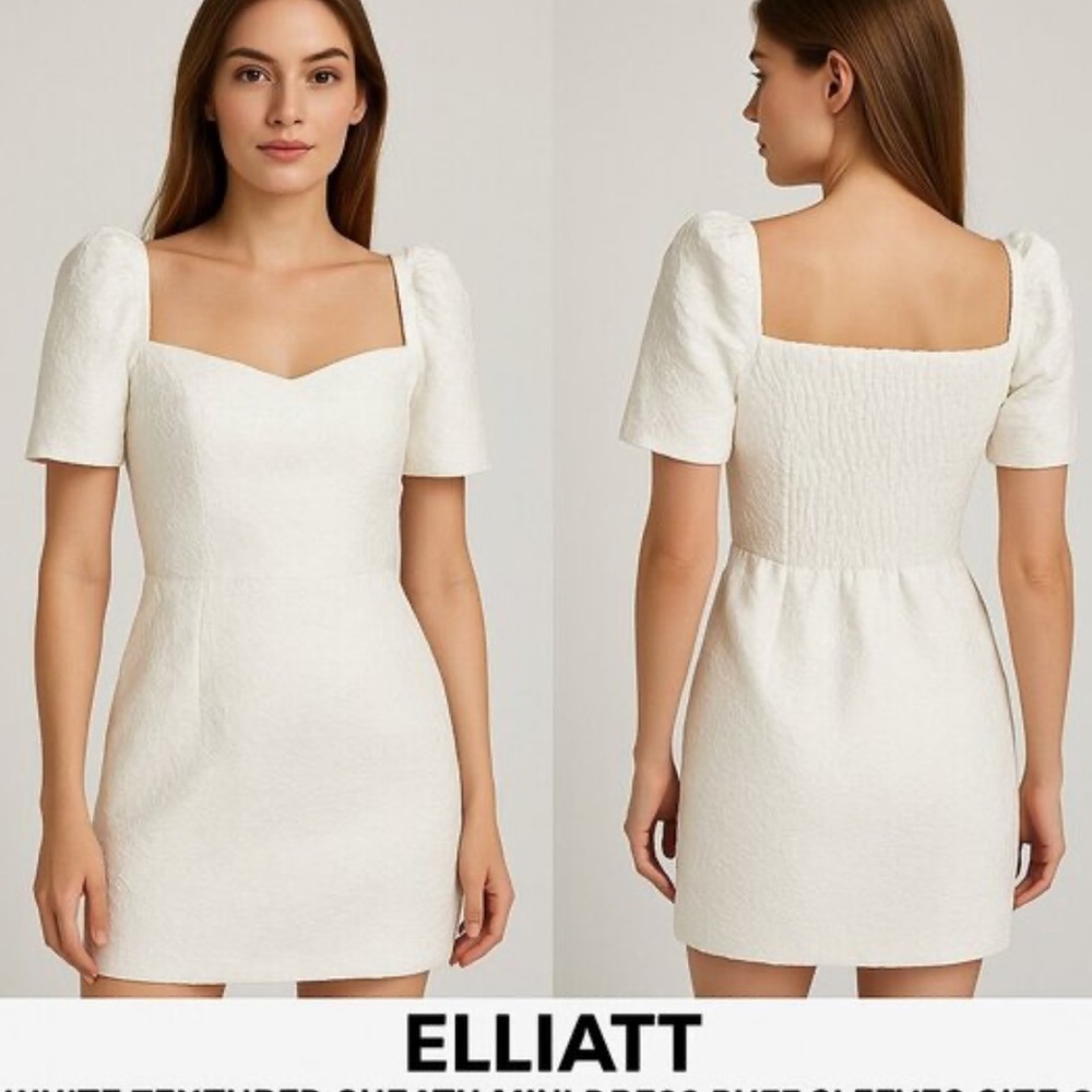 New Elliatt White Textured Sheath Mini Dress Puff Sleeves Square Neck Size Small